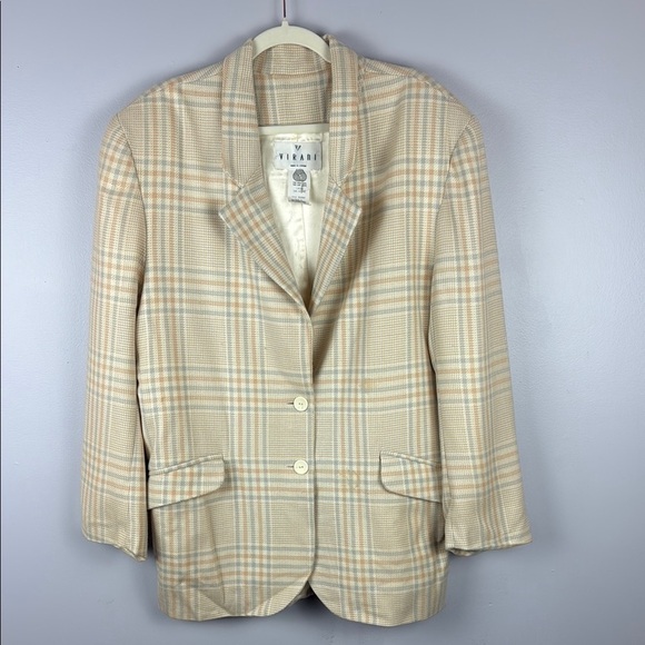 Vintage Virani Cream Plaid 100% Wool Blazer with Windowpane Pattern Size 12 - Picture 2 of 12